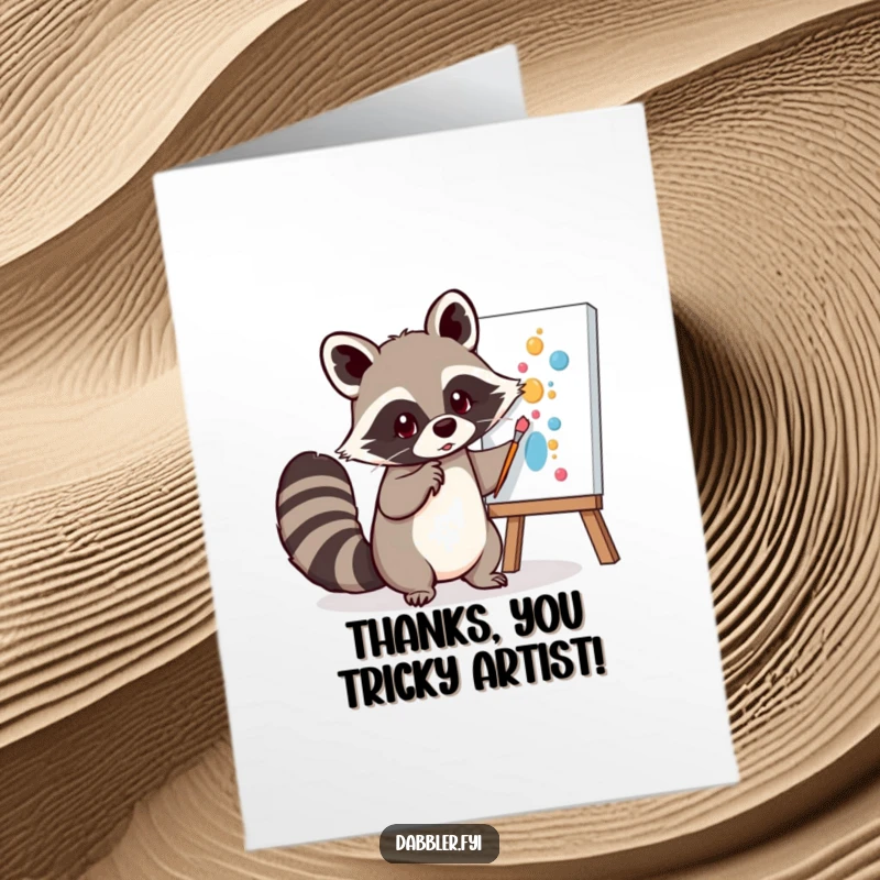 Funny Free Printable Thank You Card: Raccoon playfully dabs paint with its tail on a canvas, DIY art.