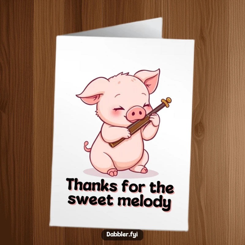 Funny free printable thank you card: a piglet making funny noises while attempting to play an odd instrument.