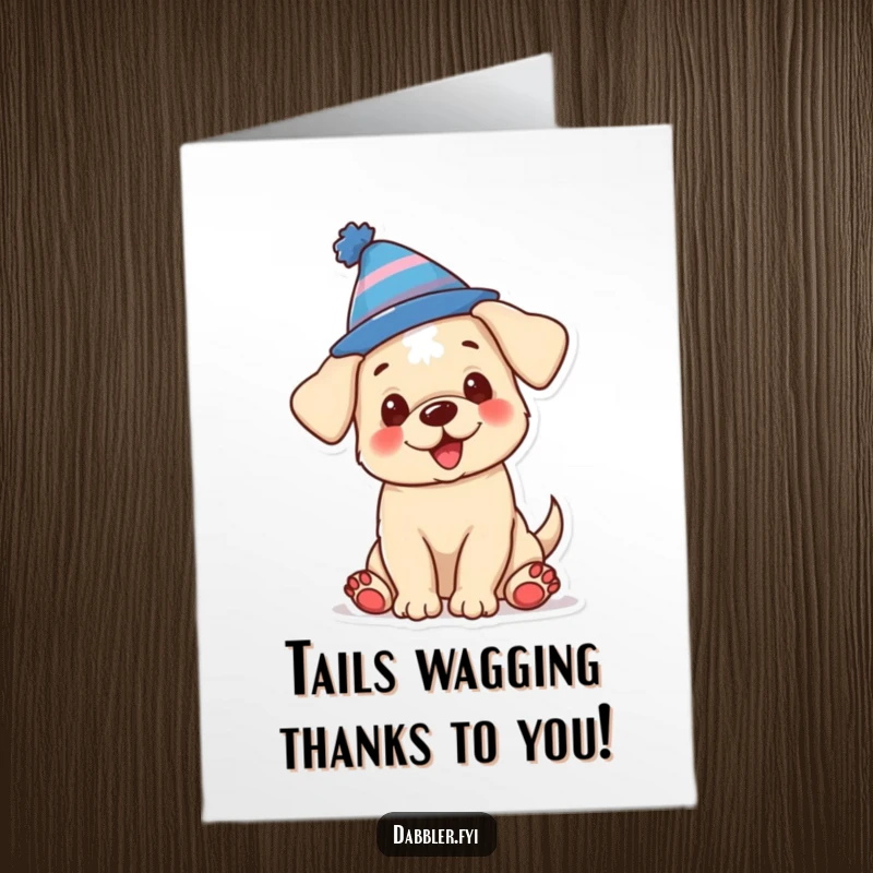 Funny Free Printable Thank You Card: A cute puppy proudly wearing a large, goofy hat, offering a warm thank you.