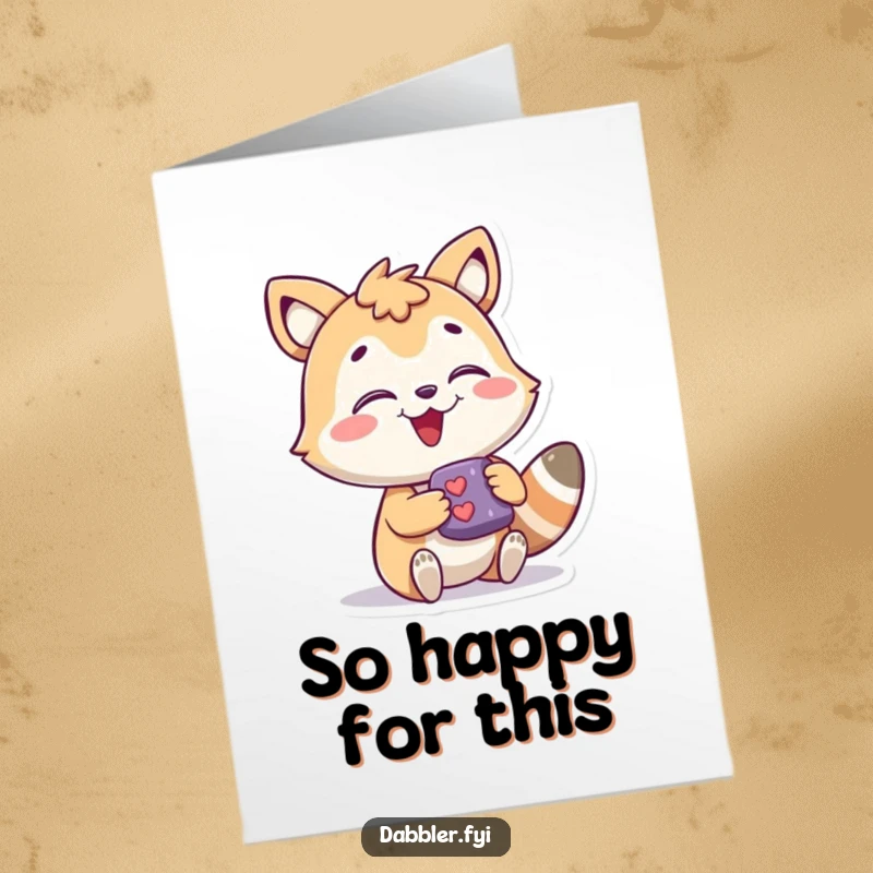 Funny free printable thank you card: A delighted animal character explores a fascinating new item, expressing joyful gratitude.