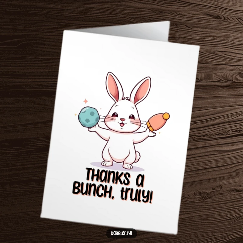 Funny Free Printable Thank You Card: A cheerful rabbit juggling multiple colorful items, offering a delightful expression of thanks.