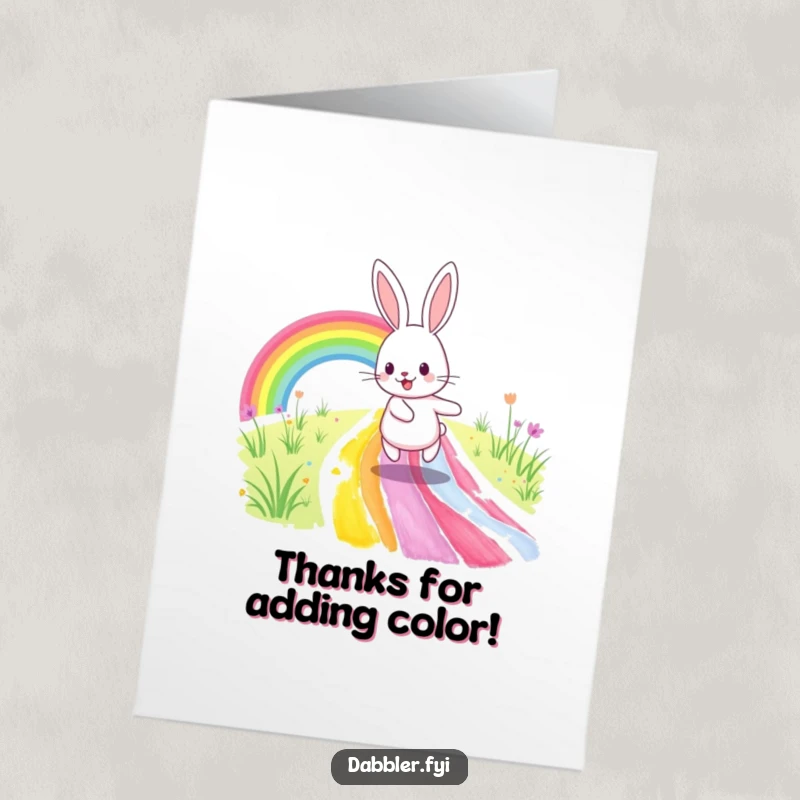 Funny Free Printable Thank You Card: A happy rabbit skips down a colorful rainbow path, a perfect downloadable art gift.