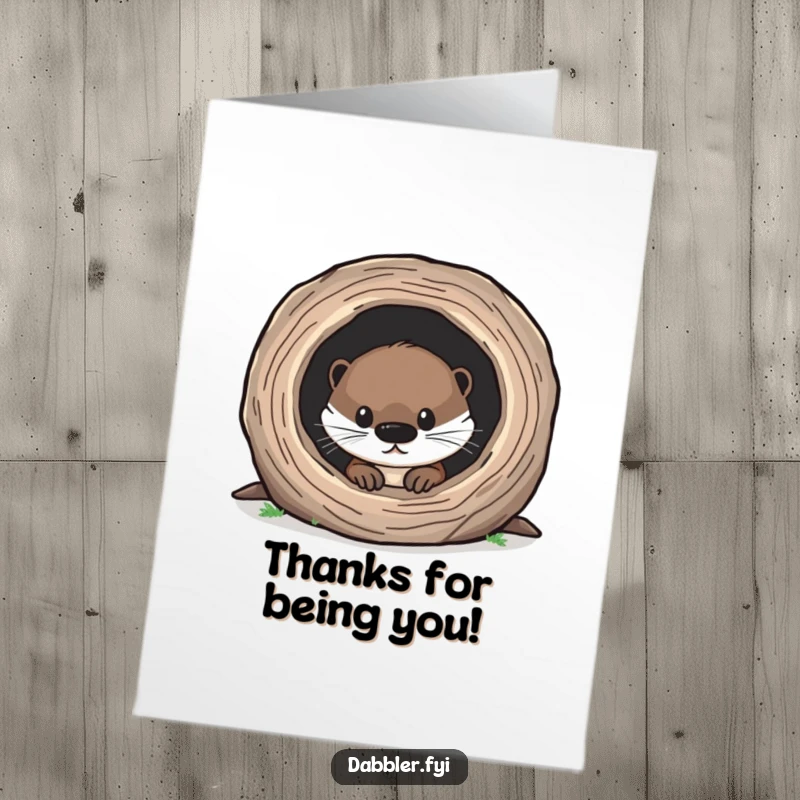 Funny free printable thank you card featuring a curious otter peering inquisitively into a small hollow log.