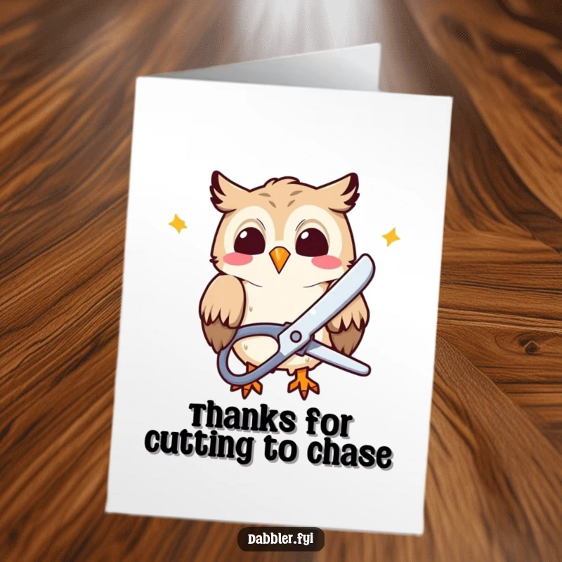 Funny Free Printable Thank You Card: Giggling owl with scissors cutting paper, a cheerful DIY printable gift.