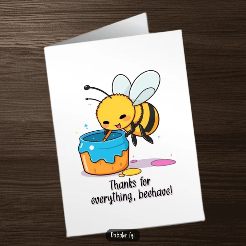Funny Free Printable Thank You Card: A busy bee humorously dips its stinger into a vibrant paint pot, showing thanks.
