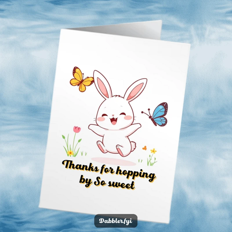 Funny Free Printable Thank You Card: A joyful rabbit hops eagerly, chasing a butterfly, showing heartfelt thanks.