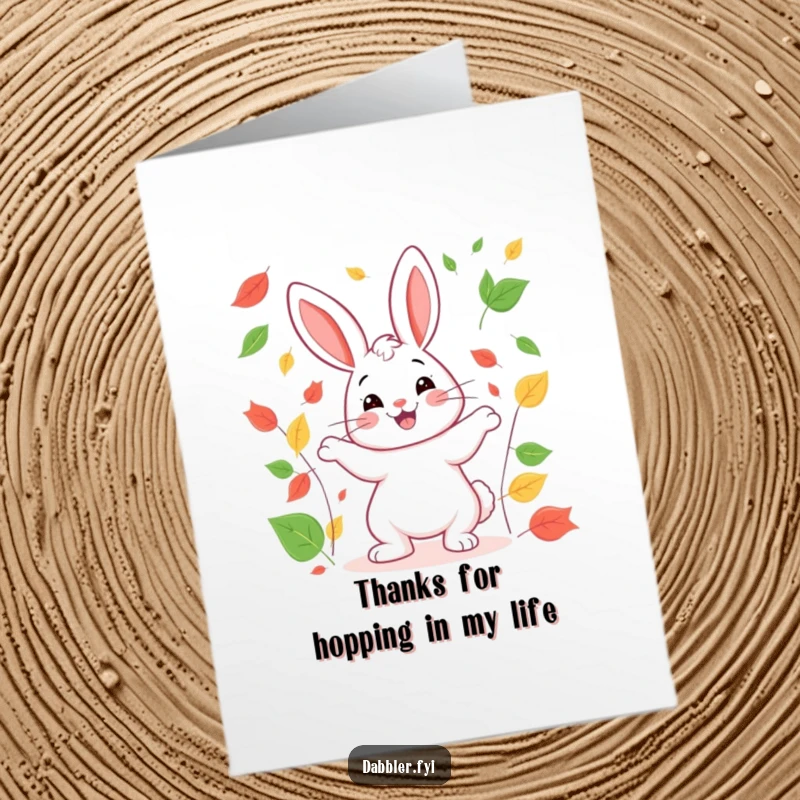 Funny Free Printable Thank You Card: Happy rabbit juggling colorful leaves with a broad smile, expressing thanks.