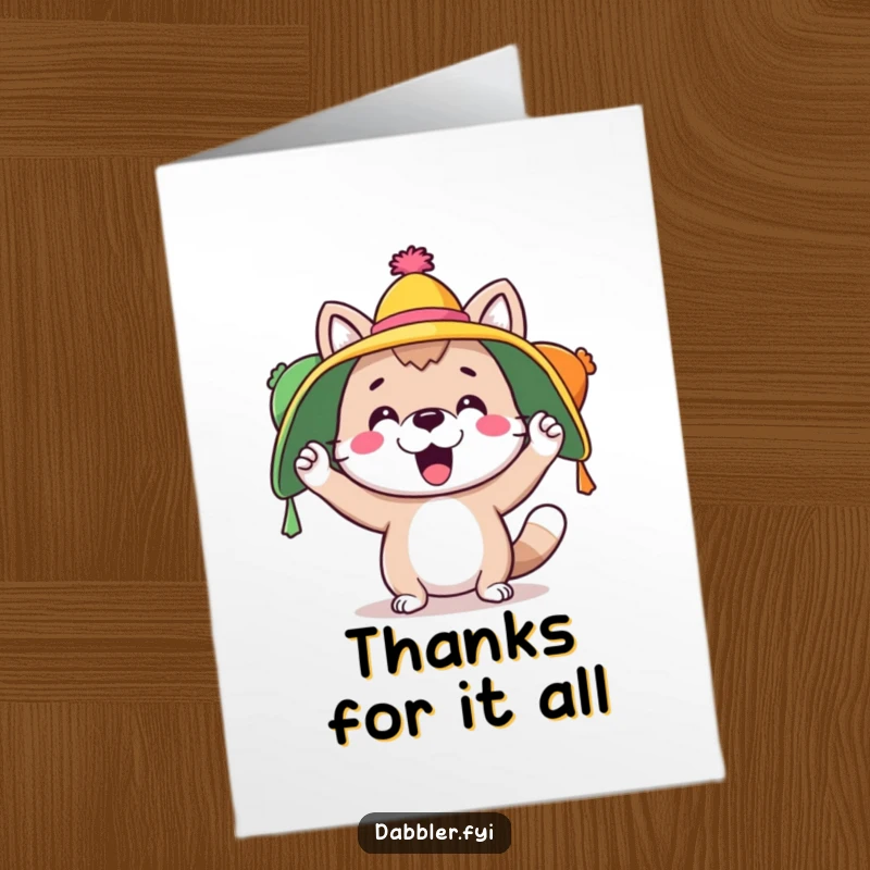 Funny Free Printable Thank You Card: A happy animal juggles various colorful hats with playful excitement.