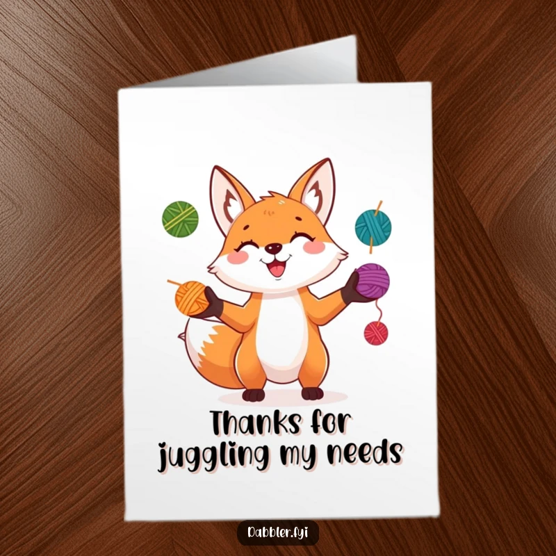 Funny Free Printable Thank You Card: A grinning fox skillfully juggles colorful yarn balls, a unique and fun DIY gift.