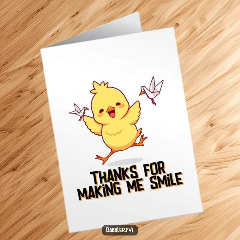 Funny Free Printable Thank You Card: Playful chick dancing with origami crane, a sweet DIY printable gift.