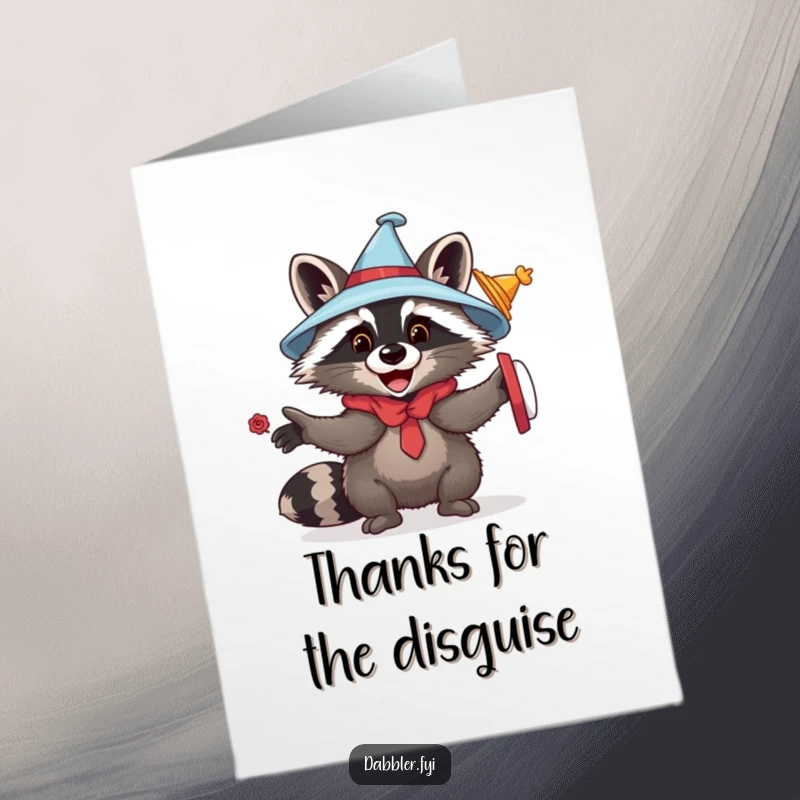 Funny Free Printable Raccoon Thank You Card with a raccoon sporting a funny disguise, expressing sincere thanks.