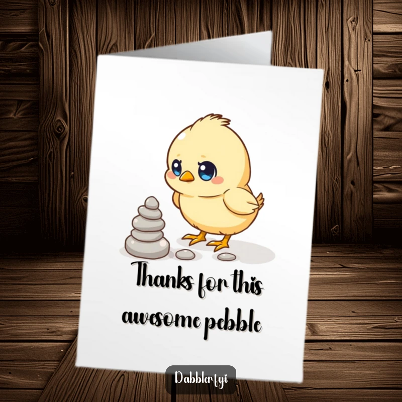 Funny Free Printable Thank You Card: A determined chick humorously stacking small pebbles, a charming downloadable card for gratitude.