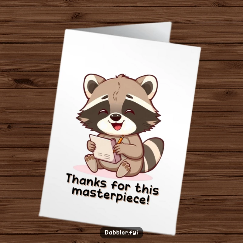 Funny Free Printable Thank You Card: A gleeful raccoon artist sketches in a notebook, a unique way to convey gratitude.