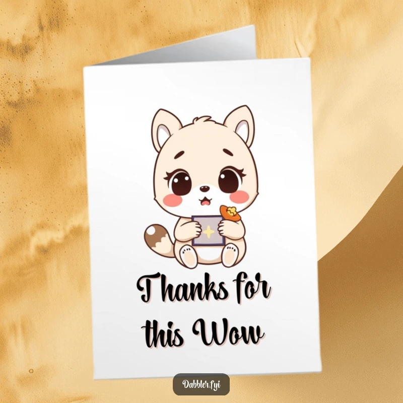 Funny free printable thank you card: An astonished animal character discovers an unexpected token of appreciation, adding humor.