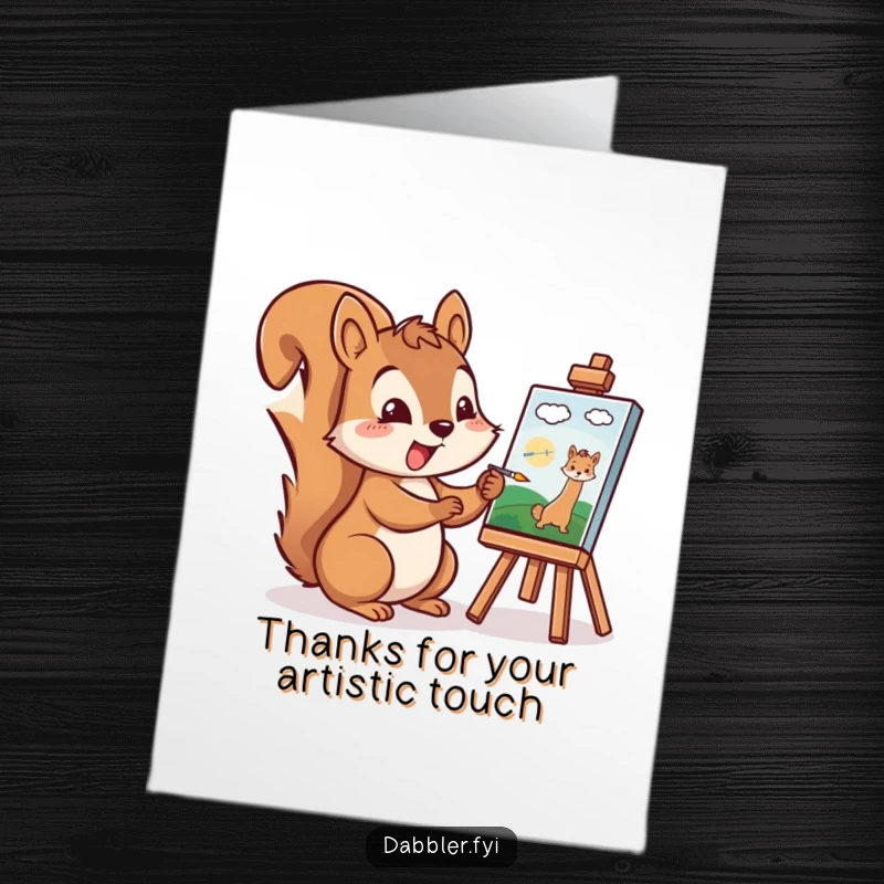 Funny Free Printable Thank You Card: An excited squirrel is painting a tiny picture, a charming and funny DIY gift.