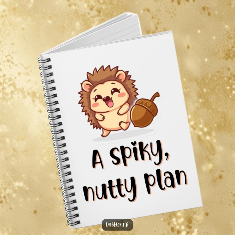 Funny notebook with a delighted hedgehog character playfully chasing a rolling acorn, ideal for notes, sketches, and daily thoughts.