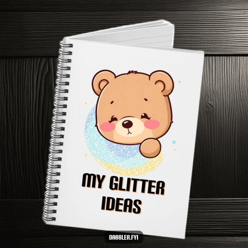 Funny Notebook: A curious bear character gazing at a mesmerizing swirl of glitter, inspiring creative thoughts.