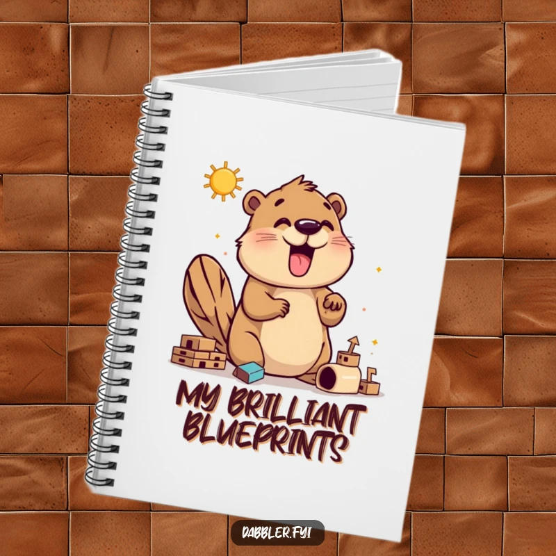 Funny beaver builder notebook with a happy beaver exploring construction methods, ideal for note-taking and gifting with a humorous DIY theme.