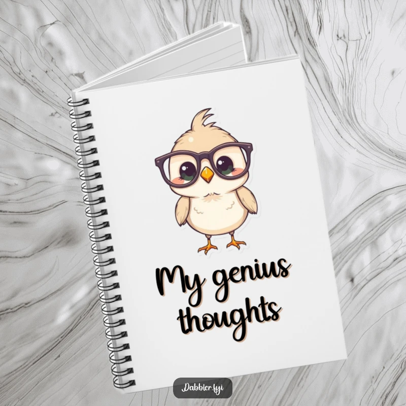 Funny Bird Notebook featuring a bird comically wearing oversized glasses, ideal for jotting down witty ideas.