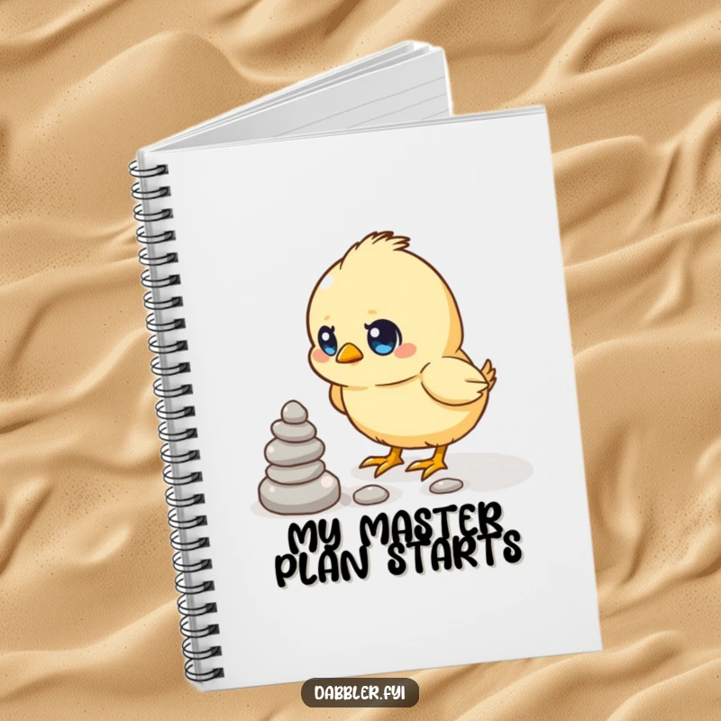 Funny notebook featuring a determined chick attempting to stack small pebbles, great for planning and notes.