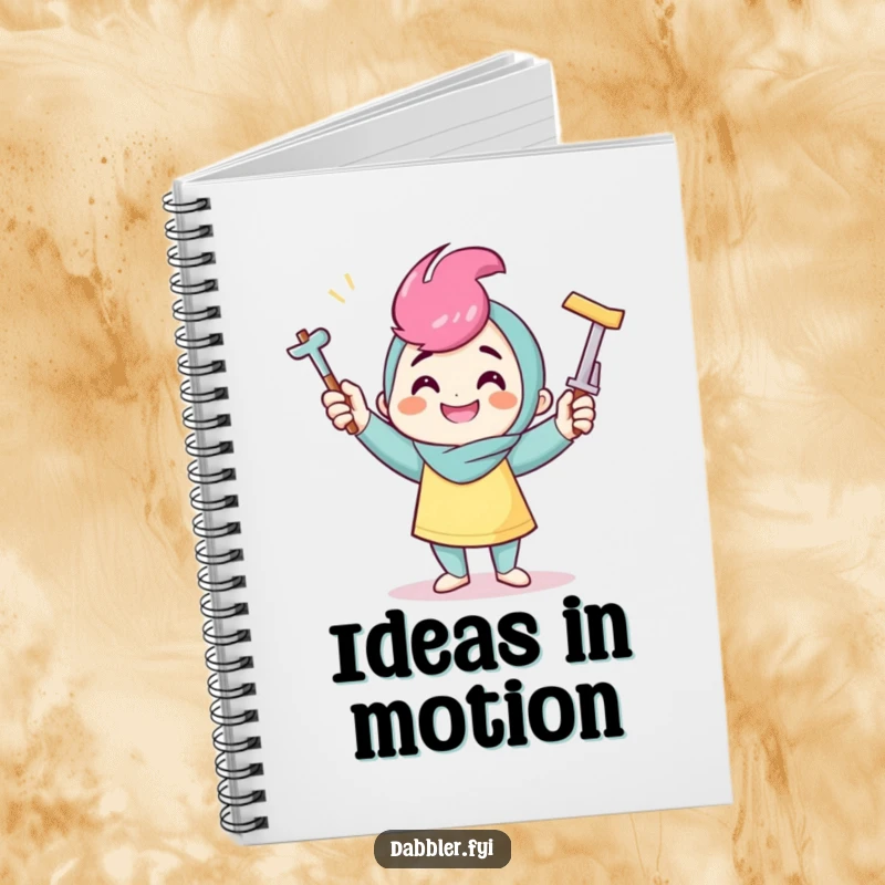 Funny crafter notebook with a smiling character juggling crafting tools, ideal for notes and creative project planning.