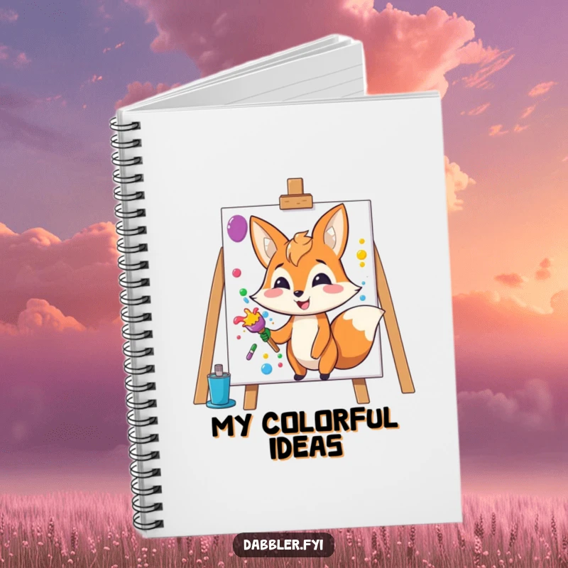 Funny Fox Notebook: Happy fox character splashes colorful paint onto a blank canvas, for sketching.