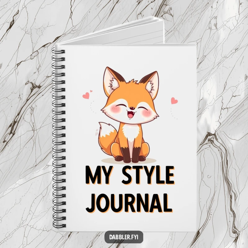 Funny notebook with a giggling fox trying on stylish hats and accessories, perfect for writing and a funny gift.