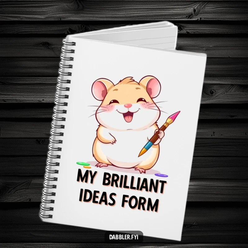 Funny hamster notebook showing a giggling hamster gleefully trying a new paintbrush, a cool funny gift.