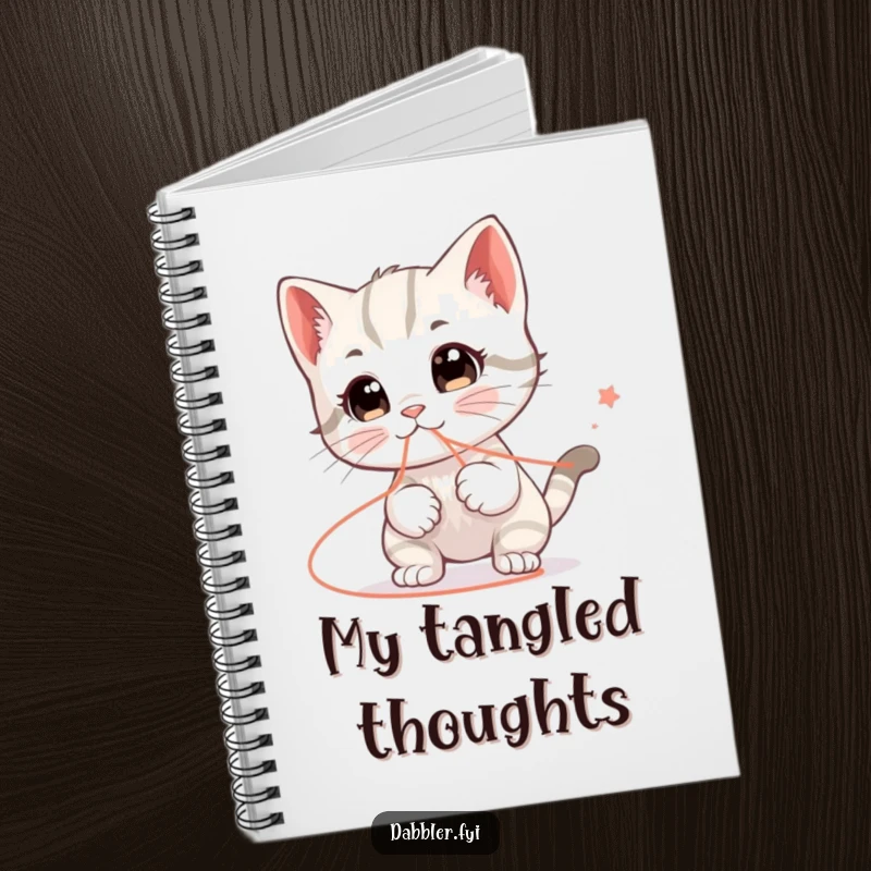 Funny notebook with a happy kitten character humorously playing with a string that leads everywhere, perfect for jotting down funny ideas.