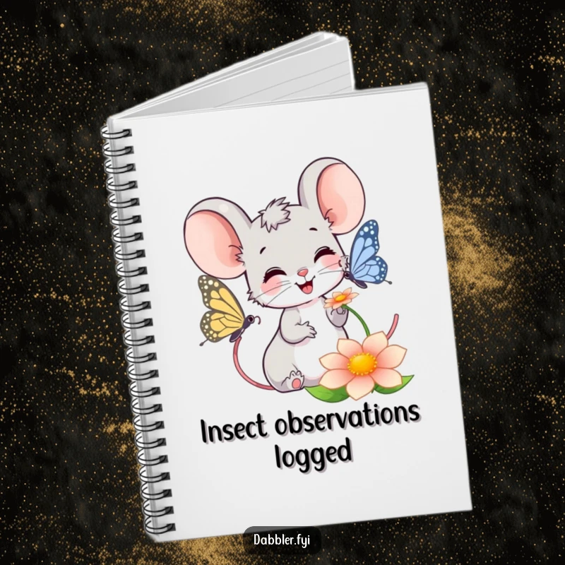 Funny Mouse Notebook: Smiling mouse happily observing a butterfly on a flower, ideal for jotting down notes and nature thoughts.