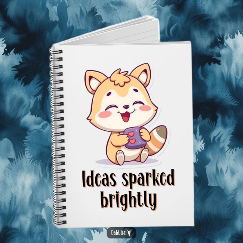 Funny Notebook with a joyful animal character curiously investigating a small, intriguing object, a humorous journal for ideas.