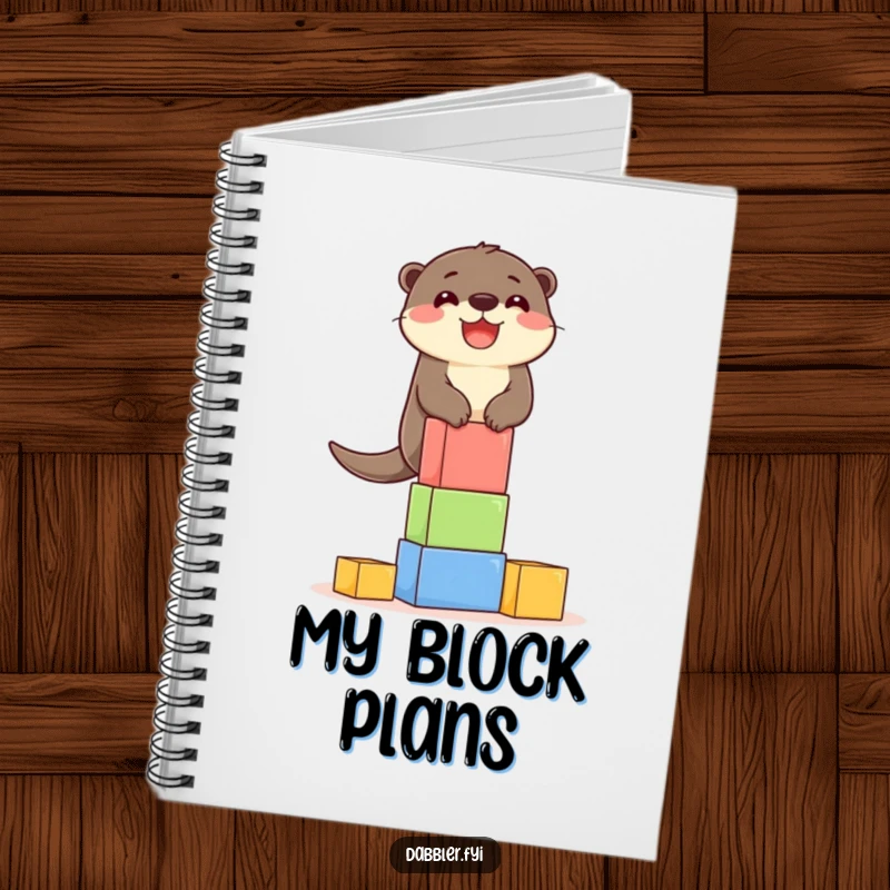 Funny Notebook: A delighted otter character balancing a tower of colorful building blocks, inspiring focused planning.