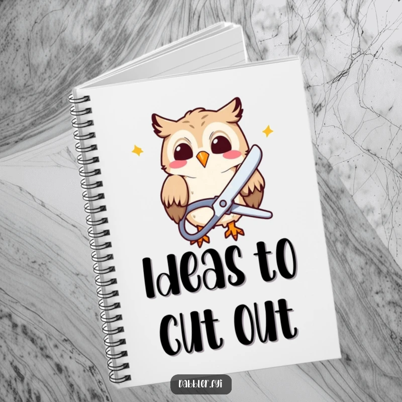 Funny Notebook: A giggling owl character uses large scissors to snip colorful paper, ideal for creative writing and note-taking.