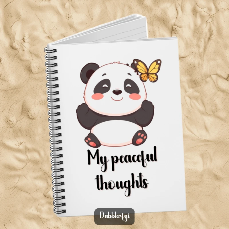 Funny notebook featuring a smiling panda observing a fluttering butterfly with fascination, ideal for journaling.