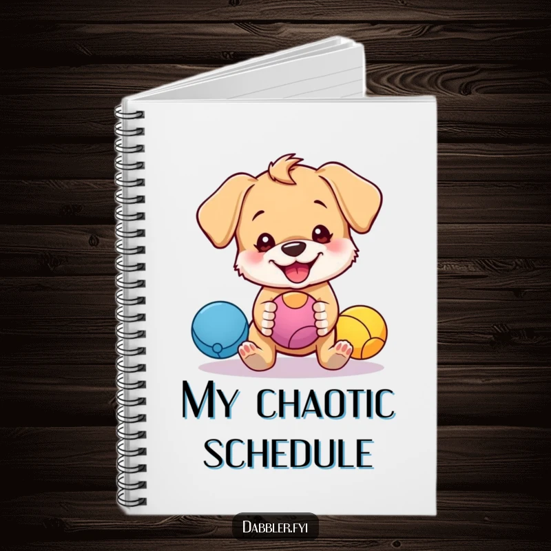 Funny notebook with a cute puppy character humorously juggling bright balls, perfect for jotting down funny ideas.