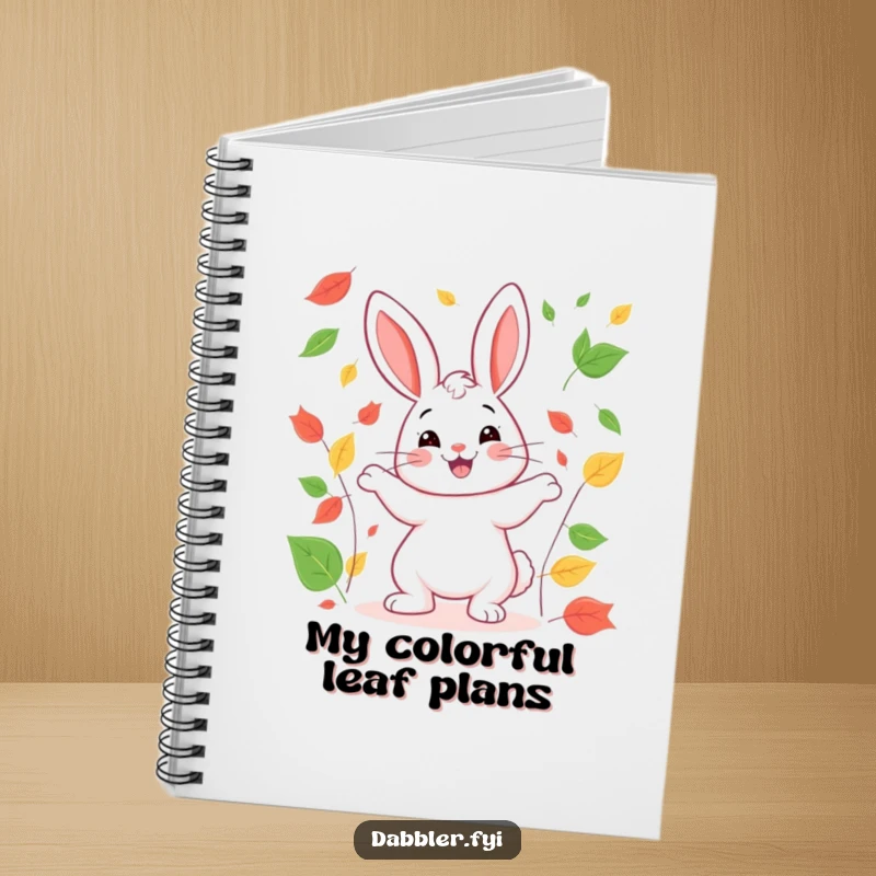 Funny rabbit notebook cover featuring a happy rabbit juggling colorful leaves, perfect for jotting down ideas.