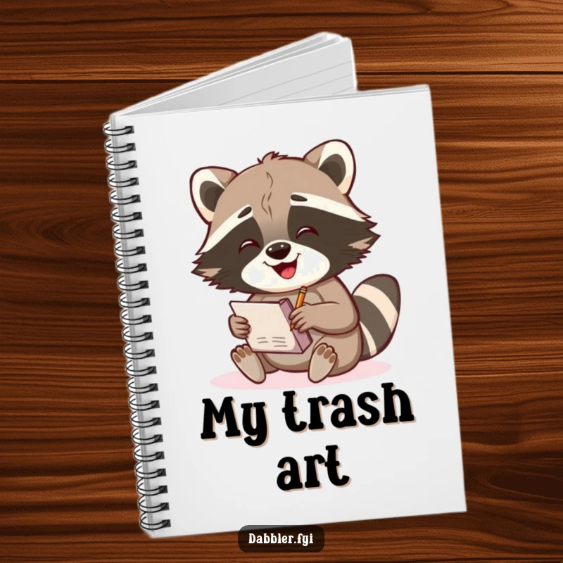 Funny Raccoon Notebook: A gleeful raccoon character enthusiastically sketches in a small notebook on the cover, inspiring creativity.