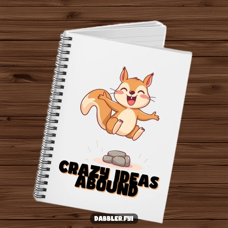 Funny notebook featuring a joyous squirrel leaping energetically over a tiny, imaginary obstacle, ideal for notes.