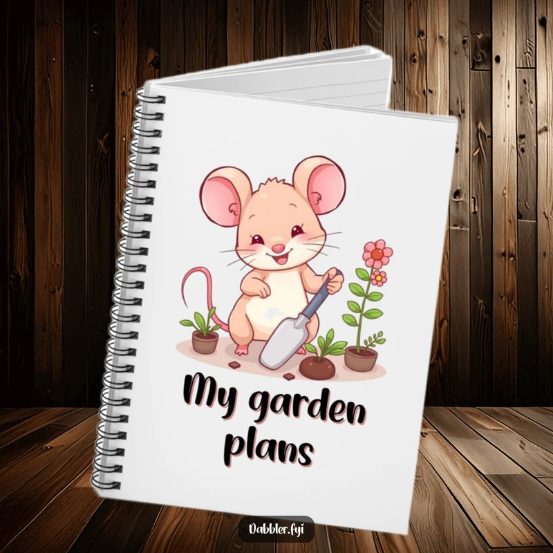 Funny Notebook: A happy mouse character arranging miniature plants with a trowel, inspiring garden planning.