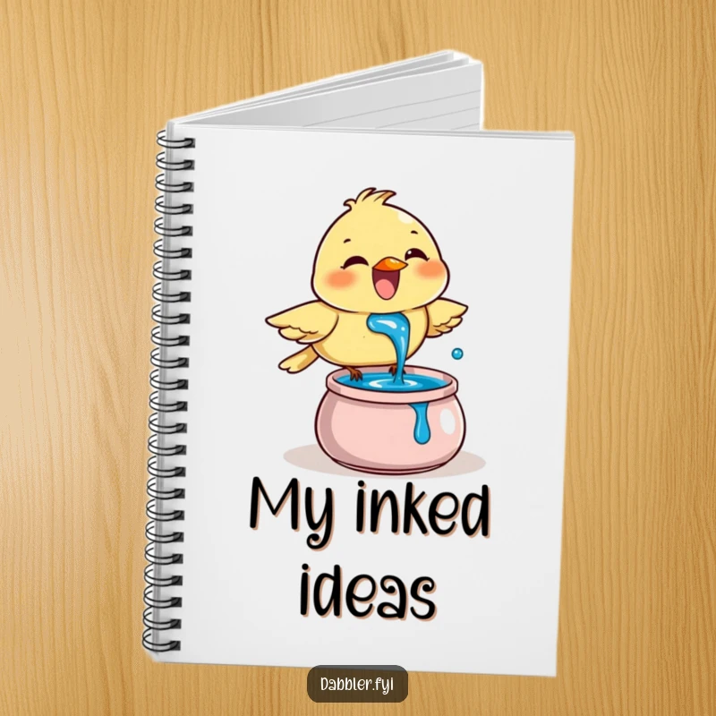 Funny Notebook: A joyful bird enthusiastically dips its beak into a pot of blue ink, perfect for jotting down creative ideas.