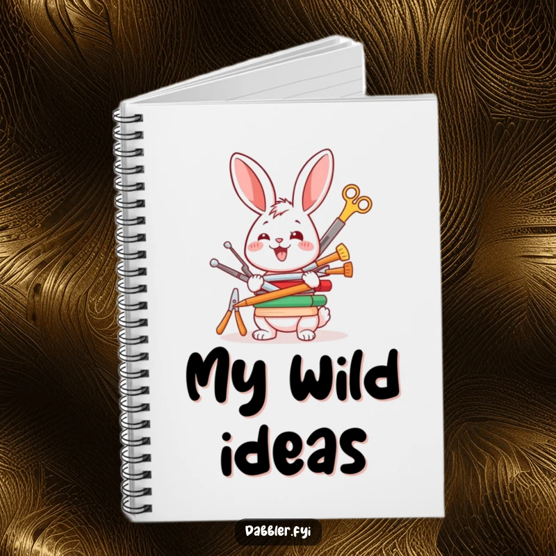 Funny notebook cover featuring a happy rabbit character balancing a stack of crafting tools, inspiring creative writing and planning.