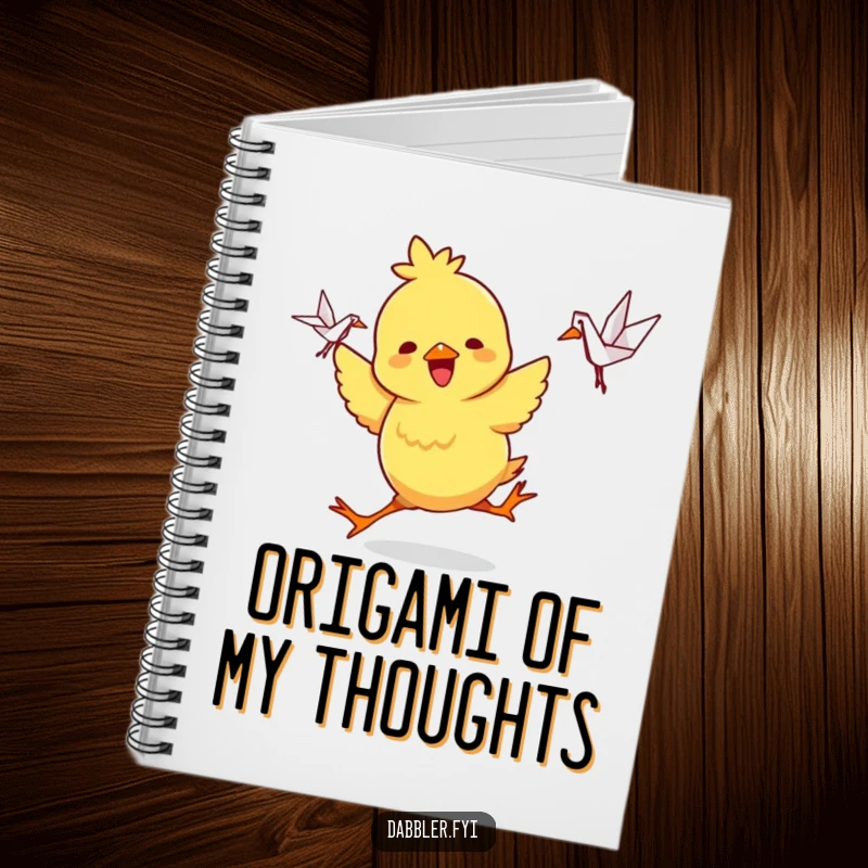 Funny Notebook: A playful chick character dances joyfully, holding a small, intricate origami crane, perfect for creative journaling.