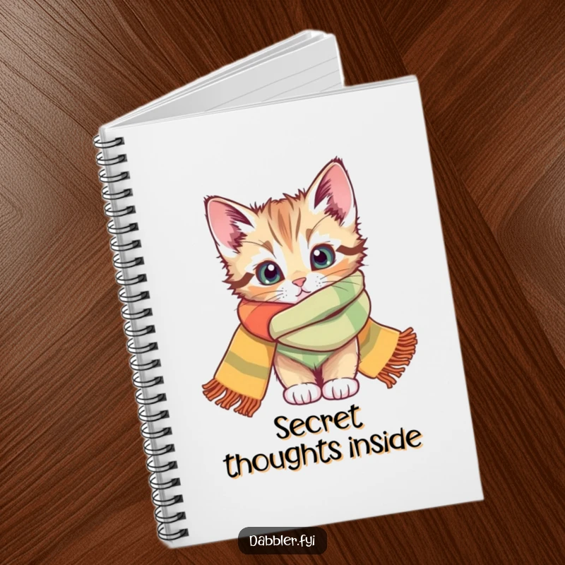 Funny notebook with a curious kitten peeking from a colorful scarf, ideal for writing and a funny gift.
