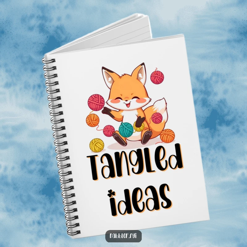 Funny notebook with a playful fox character juggling yarn balls, perfect for writing and creative brainstorming.
