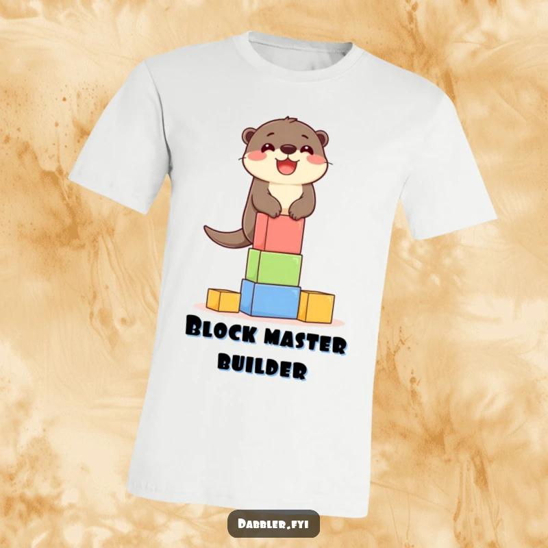 Funny T-Shirt: A delighted otter character carefully balancing an impressive tower of colorful building blocks, conveying fun.