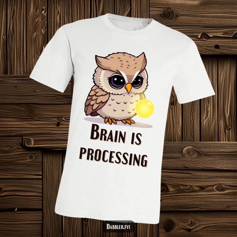 Funny Owl T-Shirt: A curious owl character examines a mysterious glowing object, representing fascination and humorous discovery.