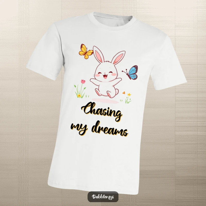 Funny t-shirt featuring a joyful rabbit character enthusiastically running after a fluttering butterfly in a vibrant, nature-inspired scene.