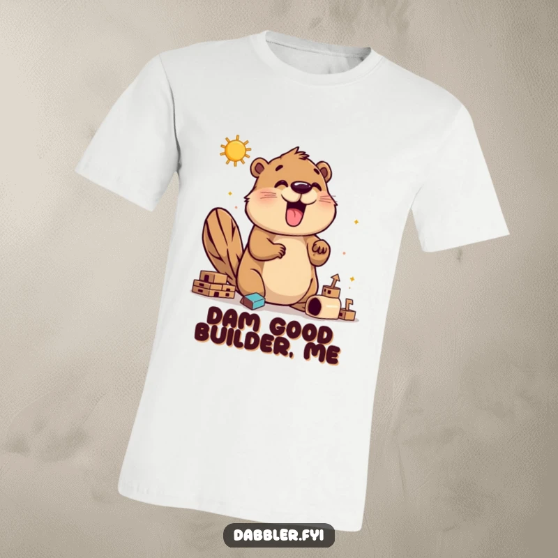 Funny beaver builder t-shirt featuring a happy beaver enthusiastically exploring various construction methods, celebrating innovation and DIY.