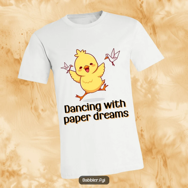 Funny T-Shirt: A playful chick character dances with pure joy while holding a small, intricate origami crane, a cheerful design.