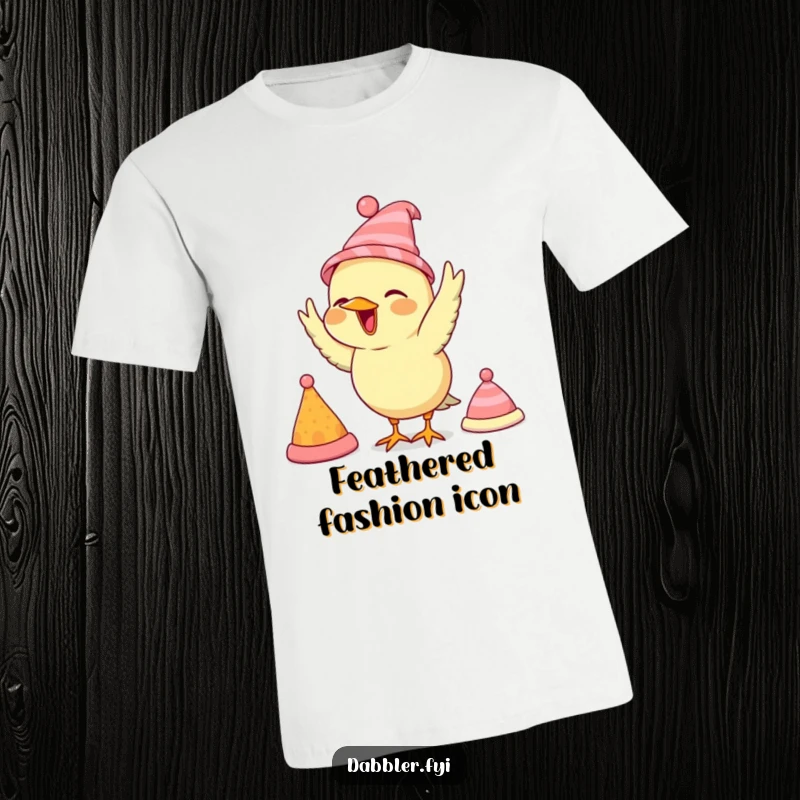 Funny bird t-shirt, enthusiastically modeling a collection of miniature hats, perfect for playful fashionistas.